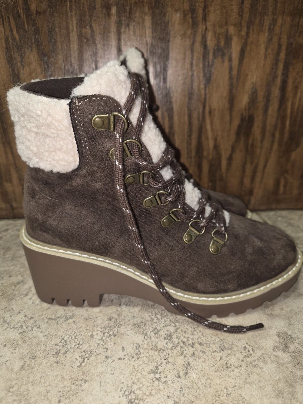 Corkys Brown Suede Wedge Ankle Boots with Cream Sherpa Collar
